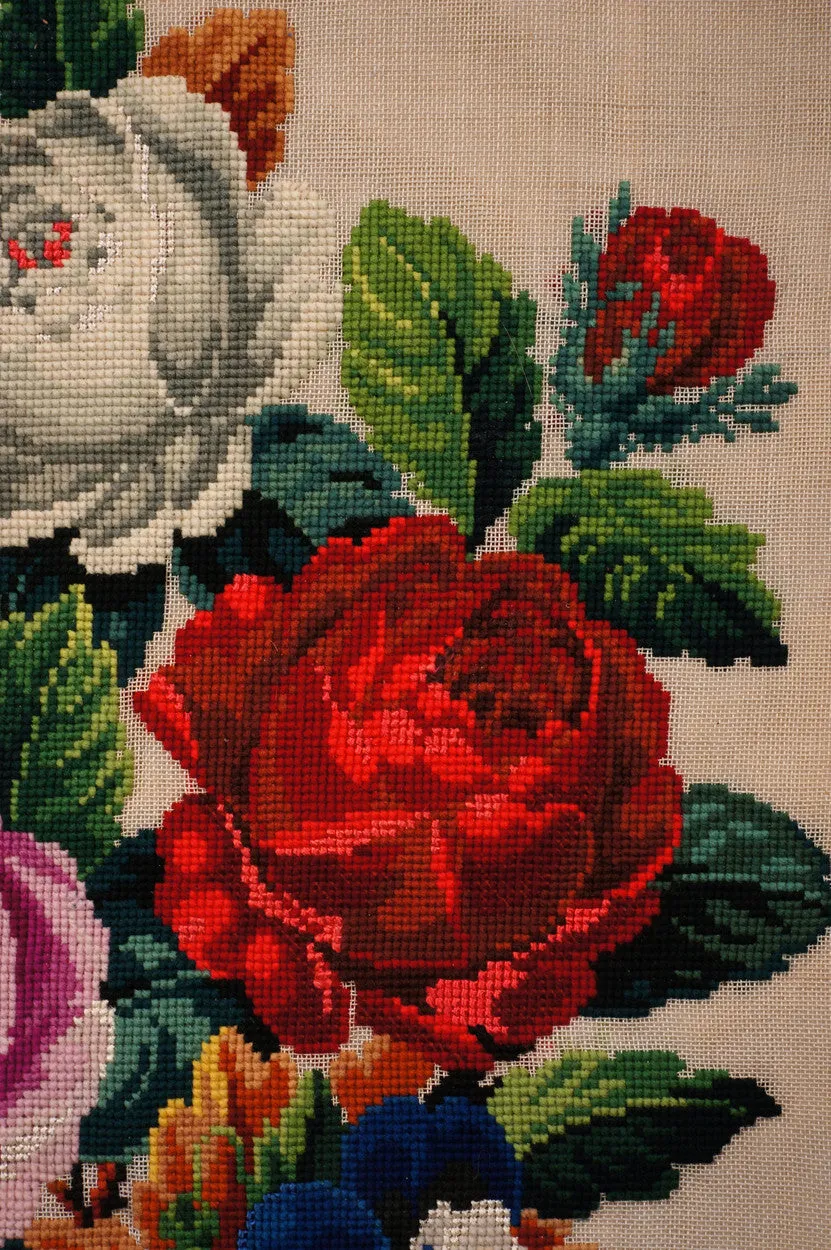 Antique Needlepoint Pillow or Cushion Cover Roses Floral Flower Bouquet