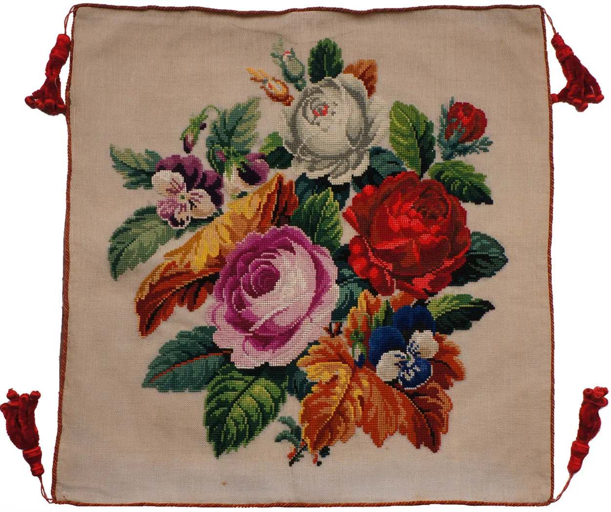 Antique Needlepoint Pillow or Cushion Cover Roses Floral Flower Bouquet