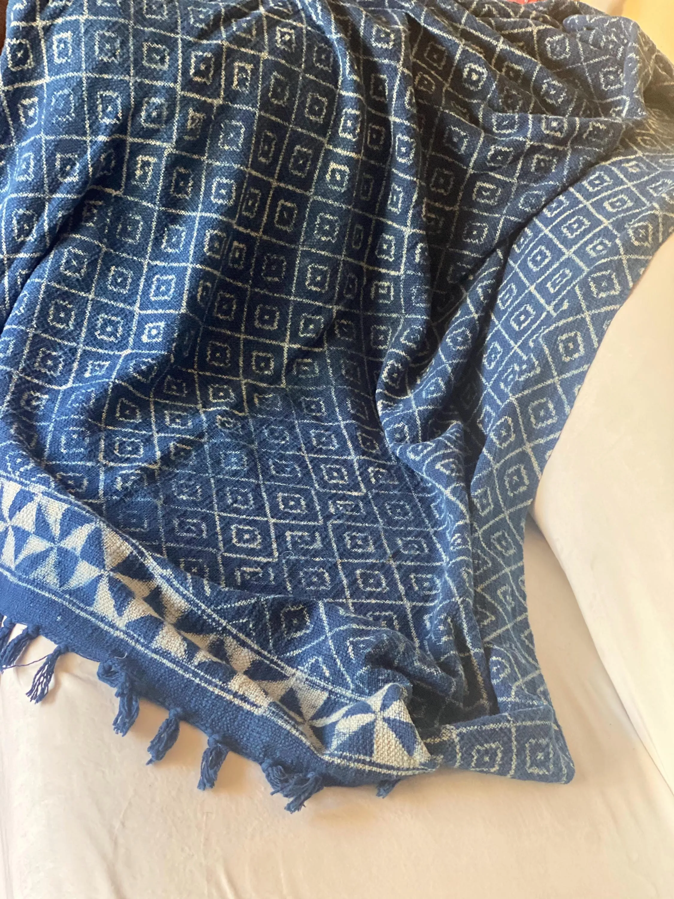 Blue Indigo Throw Blanket, Mud Cloth Throw for Couch, Indigo Throw Blanket with Tassels, Block Print Throw, Boho Home Decor, Gift for Her