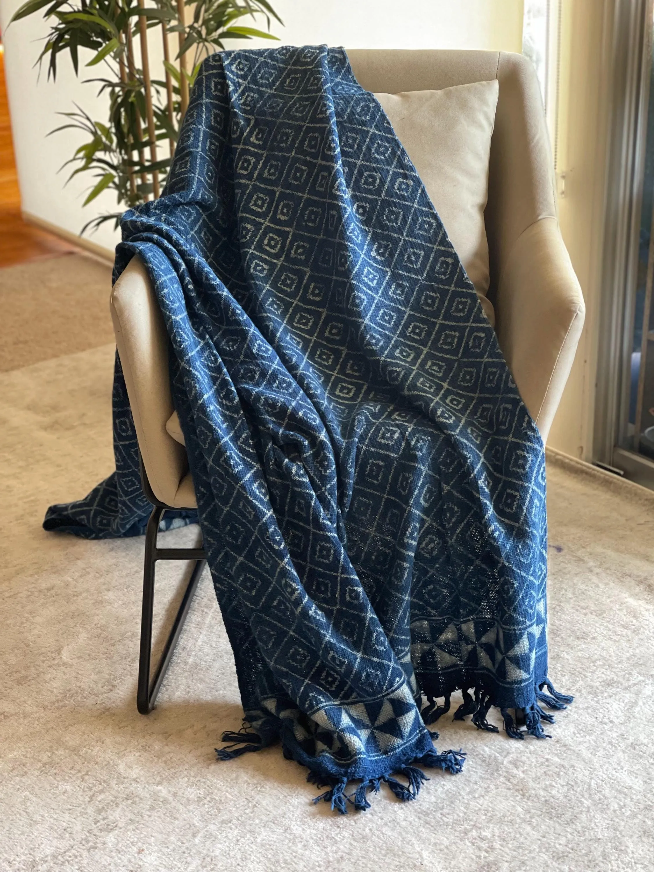 Blue Indigo Throw Blanket, Mud Cloth Throw for Couch, Indigo Throw Blanket with Tassels, Block Print Throw, Boho Home Decor, Gift for Her