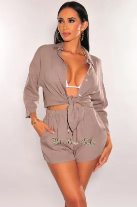 Dusty Taupe Linen Collared Button Up ¾ Sleeves Shorts Two Piece Set