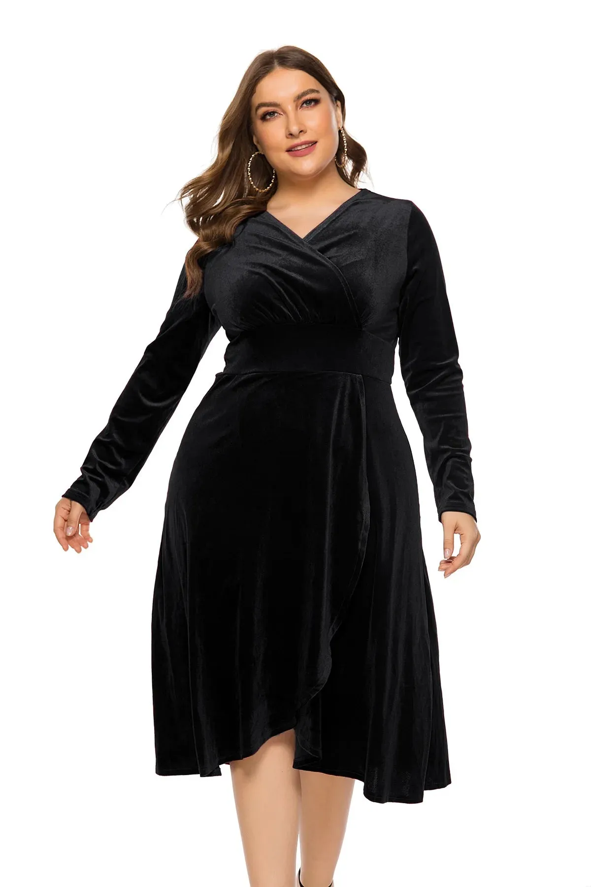 Plus Size Velvet Evening Dress - A-Line, Mid-Calf, V-Neck, Full Sleeves