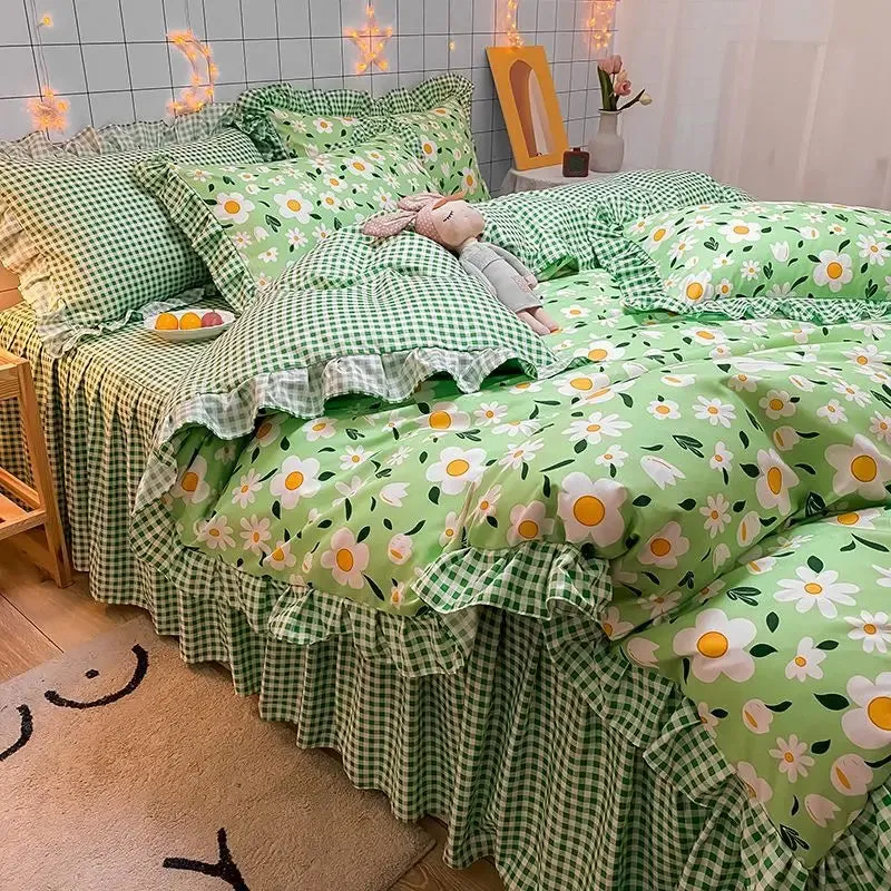 SINOTAO  -  Ins Blue Flower Bedding Set Beautiful Bed Skirt Soft Home Textile Twin Queen Size Polyester Quilt Cover Pillowcases Duvet Cover