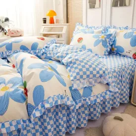 SINOTAO  -  Ins Blue Flower Bedding Set Beautiful Bed Skirt Soft Home Textile Twin Queen Size Polyester Quilt Cover Pillowcases Duvet Cover