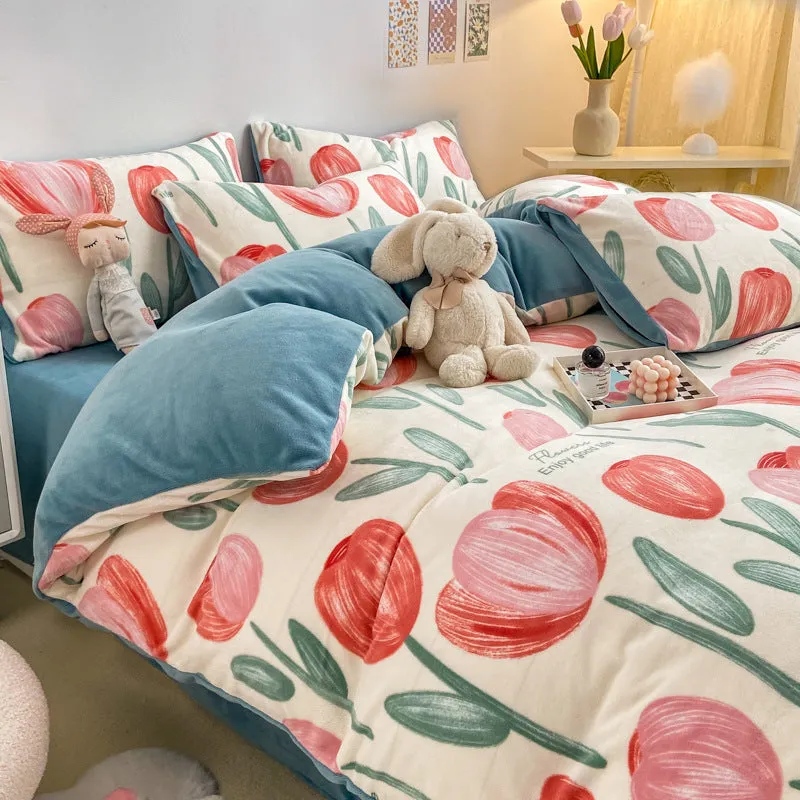 Winter Thickened Milk Fleece Bed Four-piece Coral Flannel Duvet Cover